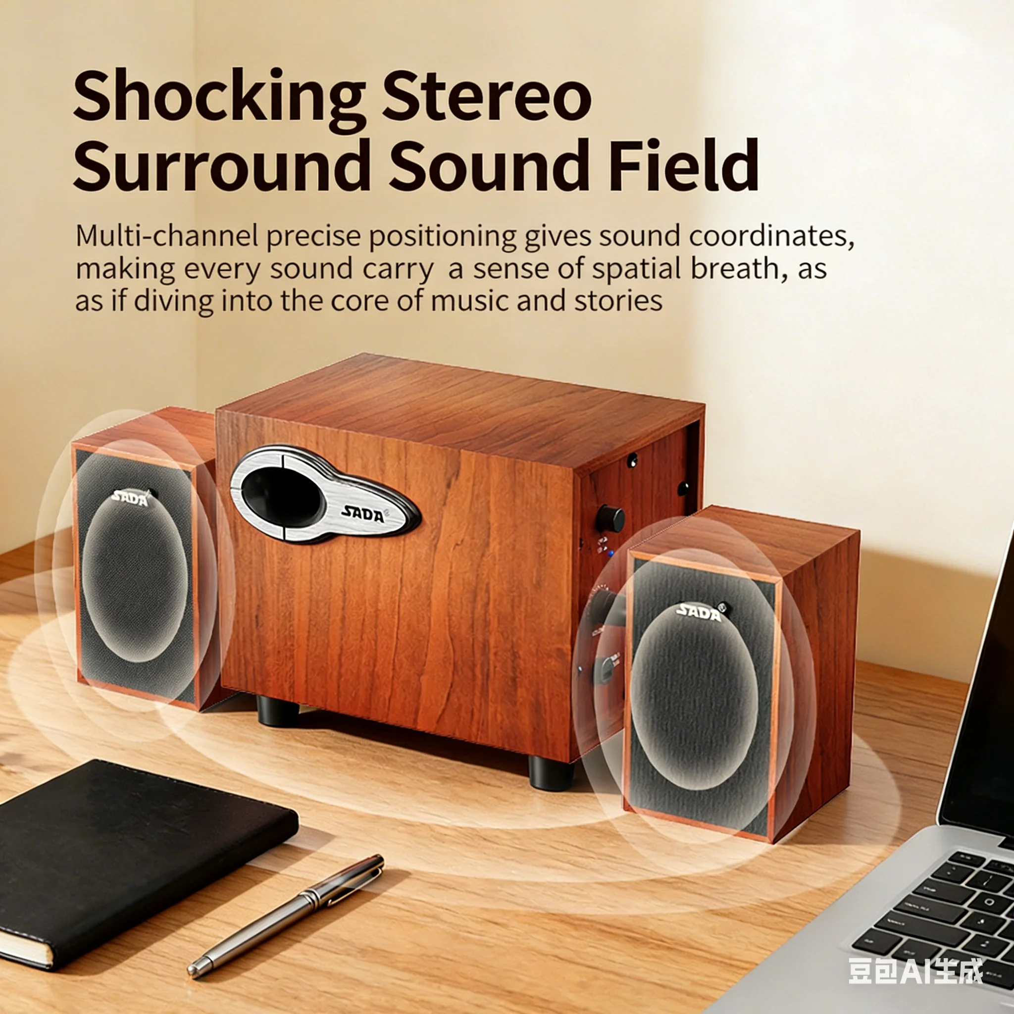 Gaming Speaker 2.1 - 木製2.1チャンネルデスクトップスピーカー、4インチサブウーファー、3Dサラウンドサウンド、USB給電、PC、ラップトップ、ホームオフィス、ゲーム、映画用HiFiオーディオ